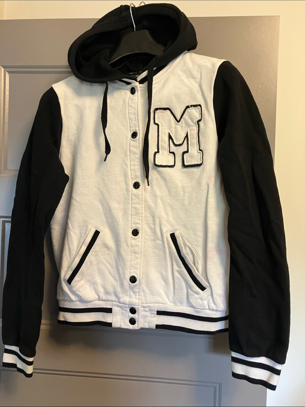 Forever 21 Black and White Varsity Bomber Hoodie Jacket